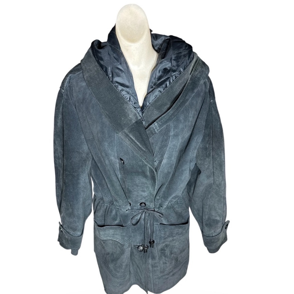 Vintage 1990s Oversized Black G-III Suede Leather Hooded Parka Midi Jacket OS